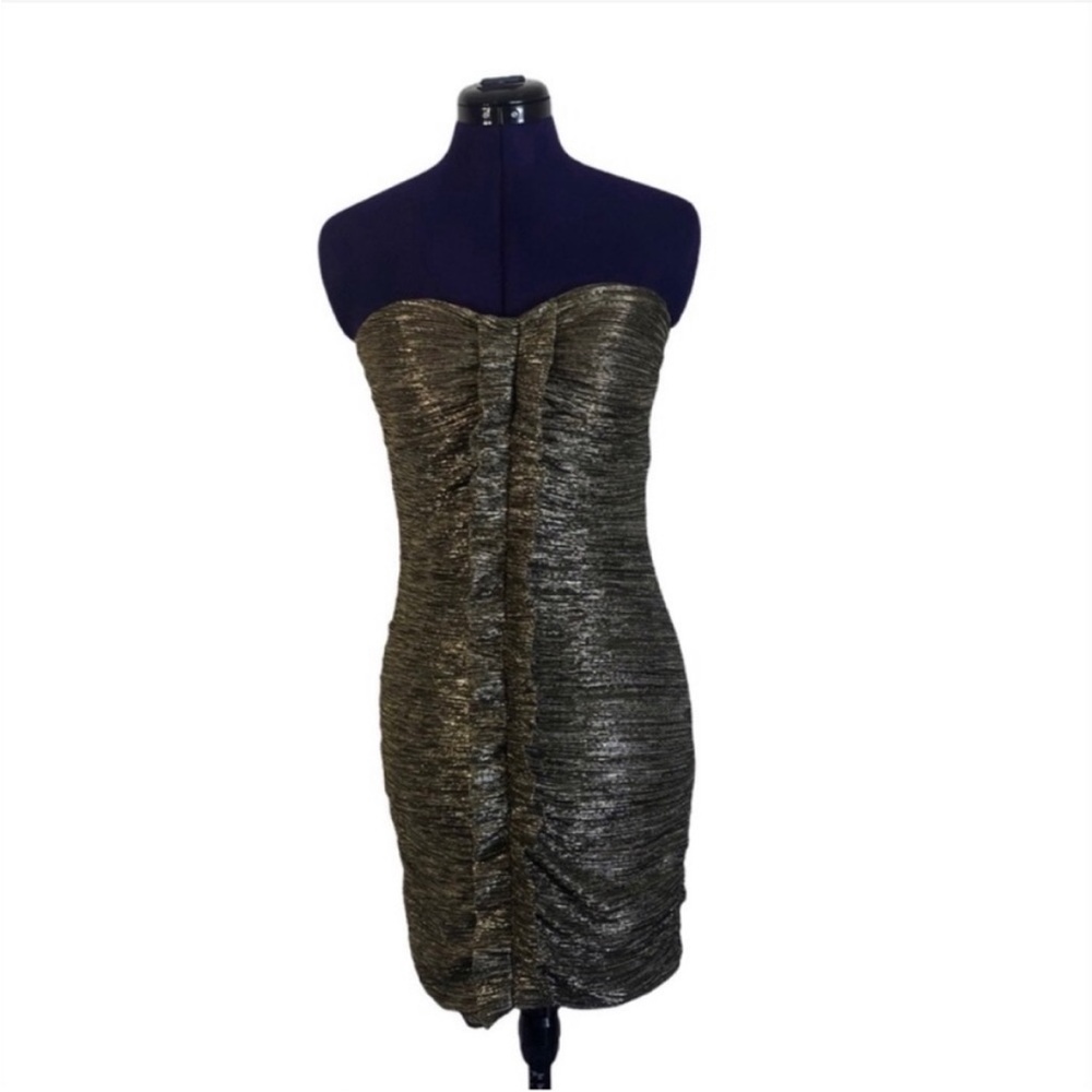 Sequins Hearts Gold Metallic Ruffle Strapless Mini Dress